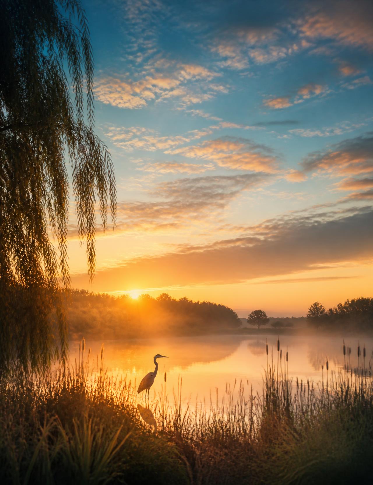 Sunrise over an Iowa prairie lake with willows, cattails and a heron